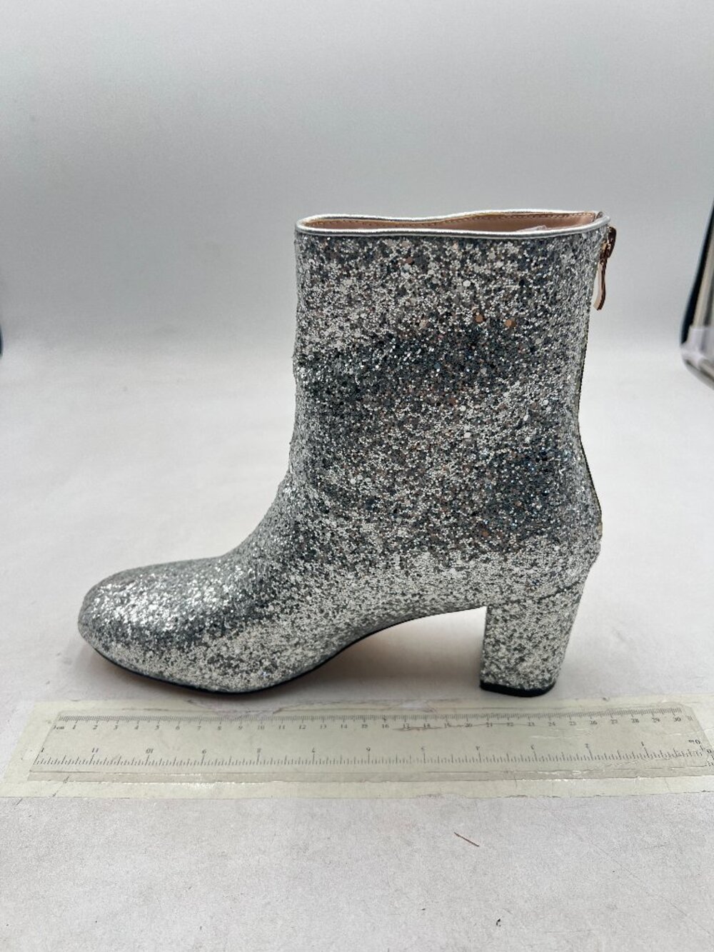 Silver Women Glitter Low Block Heel Ankle Boots Round Toe Festival Party Booties